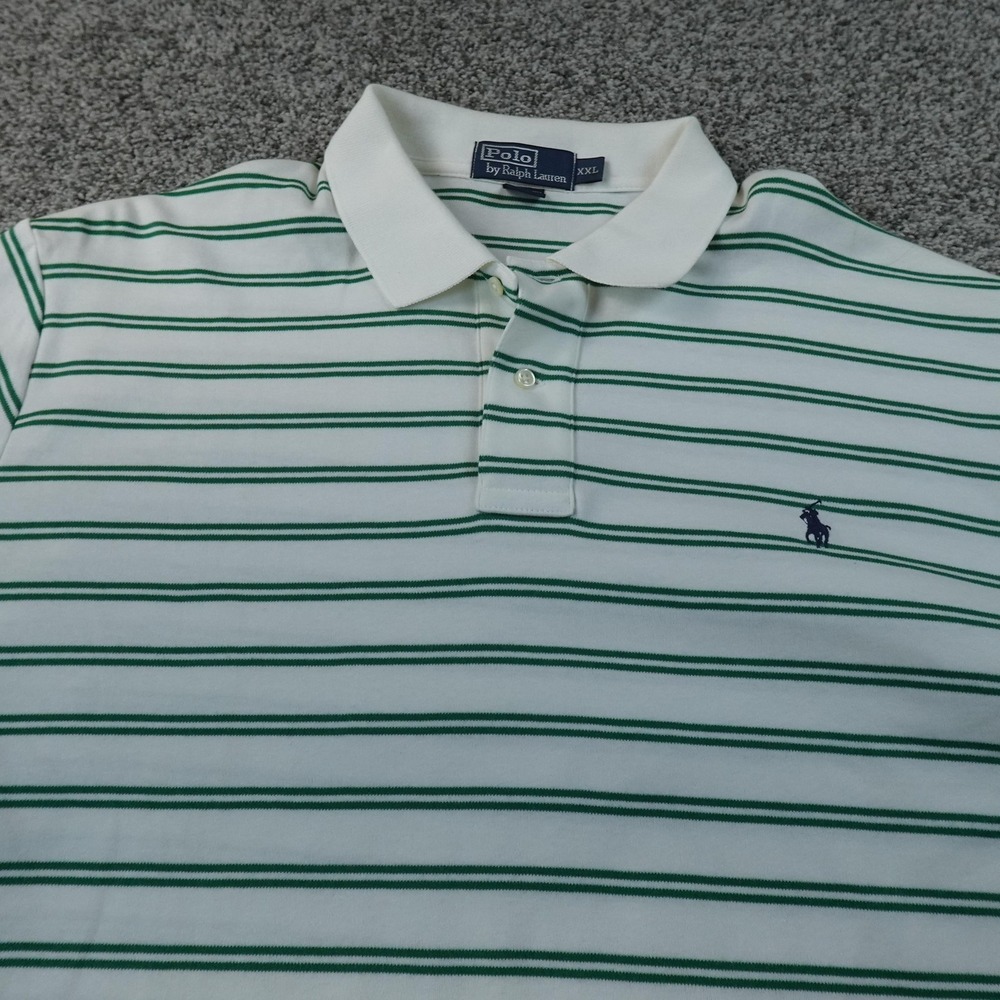 VTG Ralph Lauren Polo Shirt Mens 2XL White Green‎ Stripe Pony Golf Casual Preppy